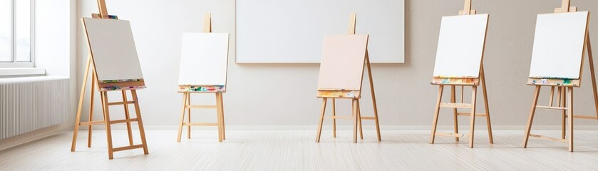 Essential School Supplies for a Productive Classroom and Engaging Learning Experience, Empty easels lined up in a bright, minimalistic studio space, ready for artistic creation.