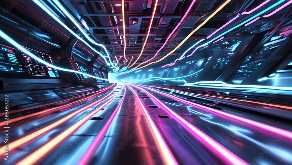 Poster futuristic flowing lines of neon light with a sense of motion and energy. suitable for illustrating 