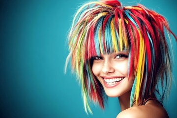 Naklejka premium Commercial ad campaign idea. Short haircut - multicolored hair. Attractive smiling mixed-race girl - for ads, media ad and internet use. Artistic photography. Bold hair in ads. African beauty.