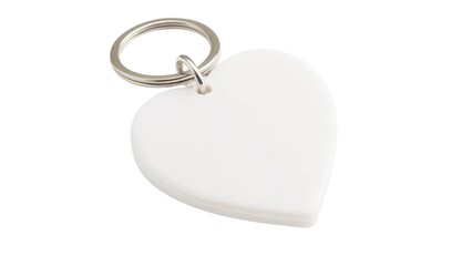 Blank white heart-shaped keychain with metal keyring, customizable mockup for promotional gifts and personalized designs.