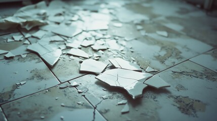 Fototapeta premium Shattered tiles on a floor, creating a chaotic and intriguing mosaic pattern, reflecting themes of decay and transformation.
