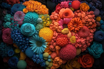 A digital art piece showcasing a heart made of flowers in rainbow colors, contrasted against a dark background, represents the concept of love and acceptance for LGBTQ individuals, including those