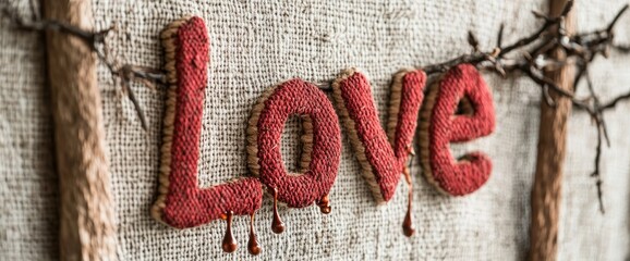 The sacrifice and suffering of Jesus Christ are represented by a crown of thorns, the cross, love, and blood, with the added symbolism of the words LOVE, Passion Week, and Lent Easter concept