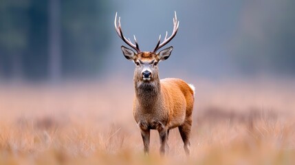Fototapeta premium Majestic red deer stag in autumnal field, misty forest background; nature wildlife photography