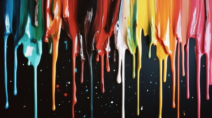 Vivid paint drips in a spectrum of colors, creating a dynamic and lively abstract artwork against a dark background.