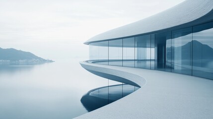 Obraz premium A sleek, modern building with sweeping curves overlooks a tranquil lake, embodying a blend of architectural elegance and natural beauty.