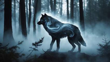 Ethereal Wolf Silhouette Created from Swirling Patterns Representing Strength and Mystery