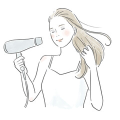 風呂上りにドライヤーで長い髪を乾かす綺麗な女性のイラスト