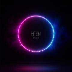 Neon Blue Pink gradient circle with smoke on dark background. 3D render abstract light vector illustration.