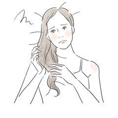ダメージを受けた髪を触り困った顔をする綺麗な女性のイラスト
