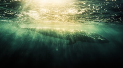 A majestic whale glides beneath dappled sunlight filtering through ocean waves, illustrating the grace and grandeur of marine giants.