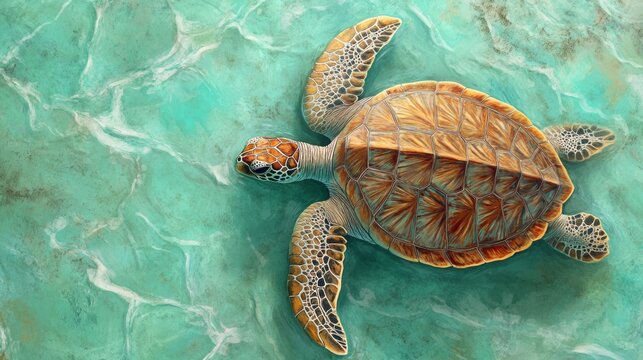 A sea turtle glides effortlessly over tranquil turquoise waters, showcasing its intricate shell patterns against a serene aquatic backdrop.