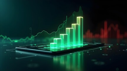 crypto coin cryptocurrency bar chart embedded into a futuristic transparent touchscreen interface, featuring glowing green and red bars 