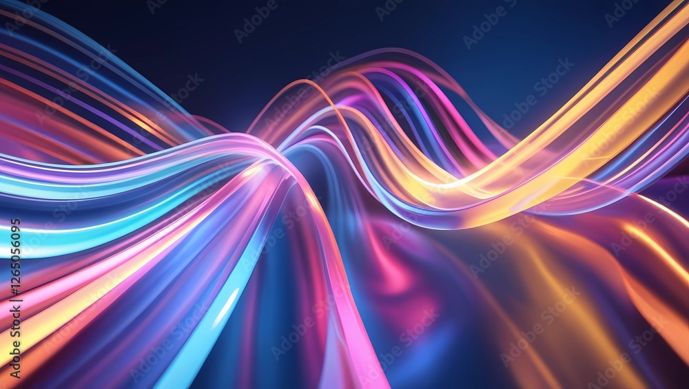 Poster bright, colorful light waves with a smooth, flowing motion on a dark gradient background. a conceptu