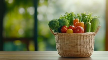 Freshly harvested vegetables in a woven basket on a wooden table with a blurred garden background