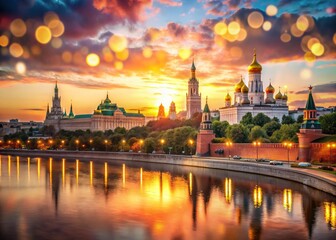 Fototapeta premium Moscow Kremlin Palace & Churches at Dusk: Bokeh River View, Russia