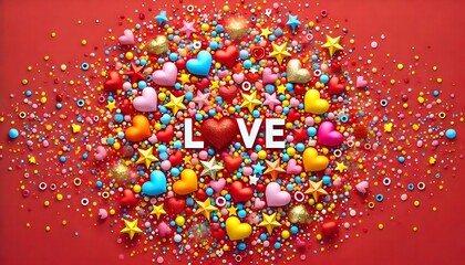 Confetti love explosion with little, multi-colored hearts, stars, and dots scattered across the background in shades of yellow, pink, red, and blue, set against a bright red backdrop
