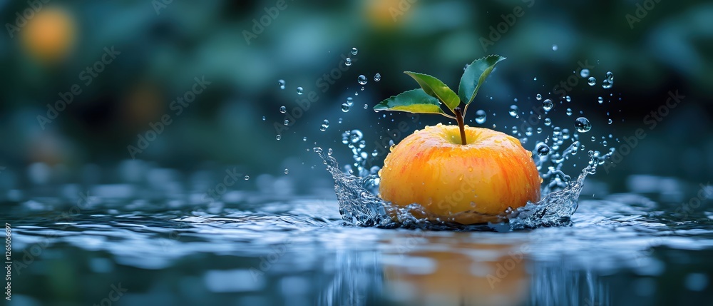 Poster fresh apple dropping into water creating splash with droplets in a serene and refreshing scene