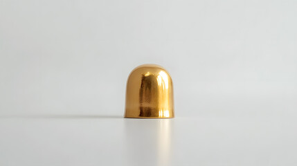 A shiny golden bell-shaped cap or small decorative object standing upright on a clean white surface.