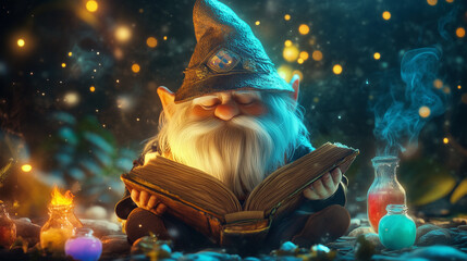 Naklejka premium Gnome reading magic book surrounded by glowing potions in enchanted atmosphere