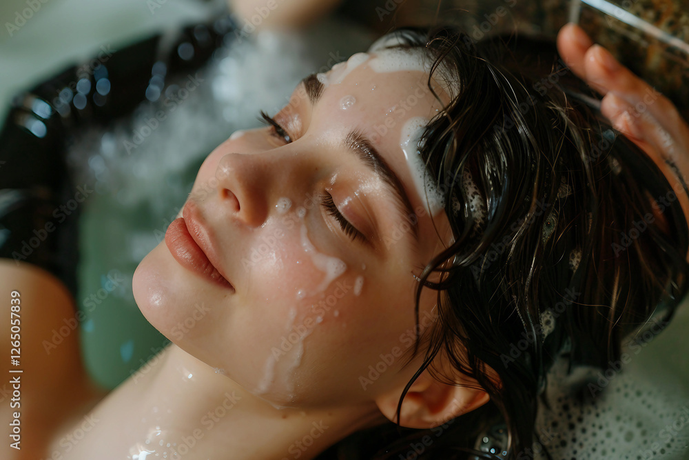 Wall mural Beautiful  woman washing her hair spa procedure created with generative AI