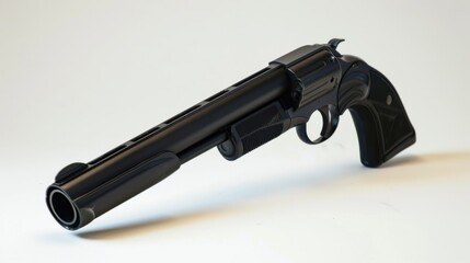 A sawed-off matte black shotgun lies on a light surface, its bold shape and dark finish contrasting sharply.