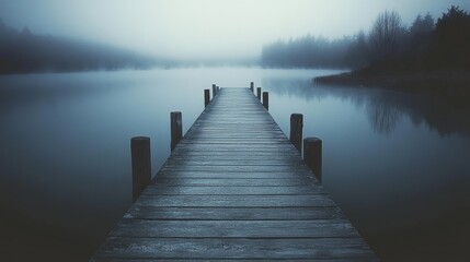 Naklejka premium A misty morning on a quiet lake with a wooden dock stretching into the distance, offering a serene and introspective scene.