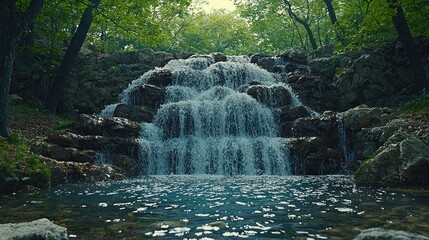 Obraz premium Cascading waters over rocky terraces a symphony of nature's tranquility