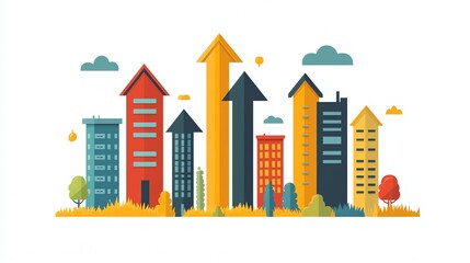 Growing Cityscape Urban Development Success Arrows red blue flat green