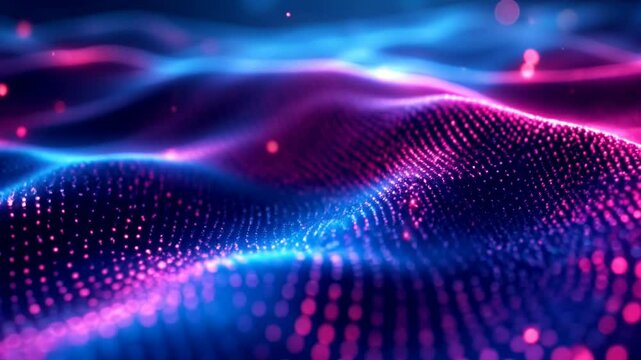 Animation featuring a dynamic interplay of blue and red waving dots create a fluid texture that ebbs and flows