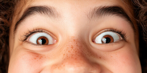 Naklejka premium Close-up of Child's Face Showing Wide Eyes and Freckles
