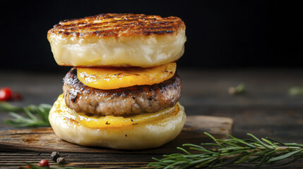 Delicious grilled burger with pineapple and dough, garnished with herbs