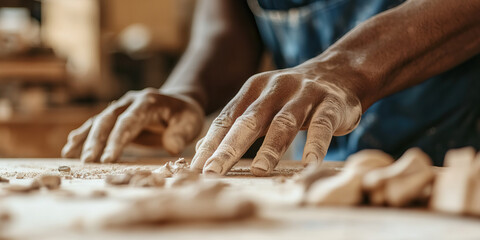 Close-up of Hands and Sawdust on Woodworking Surface
