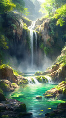 A small waterfall in the forest, surrounded by mossy rocks and lush greenery
