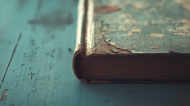 The worn, cracked edge of an old book on a wooden table, showing textures and colors that tell stories of years past in a warm, nostalgic glow.