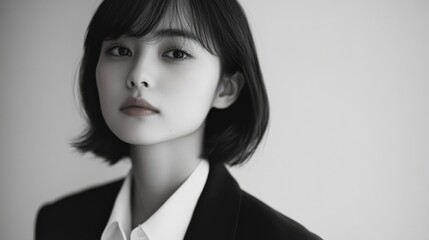 Monochrome portrait captures intensity and grace in the subject's eyes, blending classic elegance with modern poise in a striking composition.