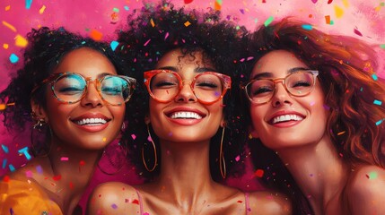 Obraz premium Three joyful friends in denim jackets revel amidst colorful confetti against a pink backdrop
