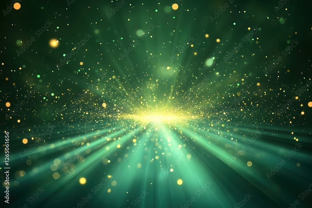 Poster emerald radiance a mesmerizing display of light rays and golden particles in a dreamy scene