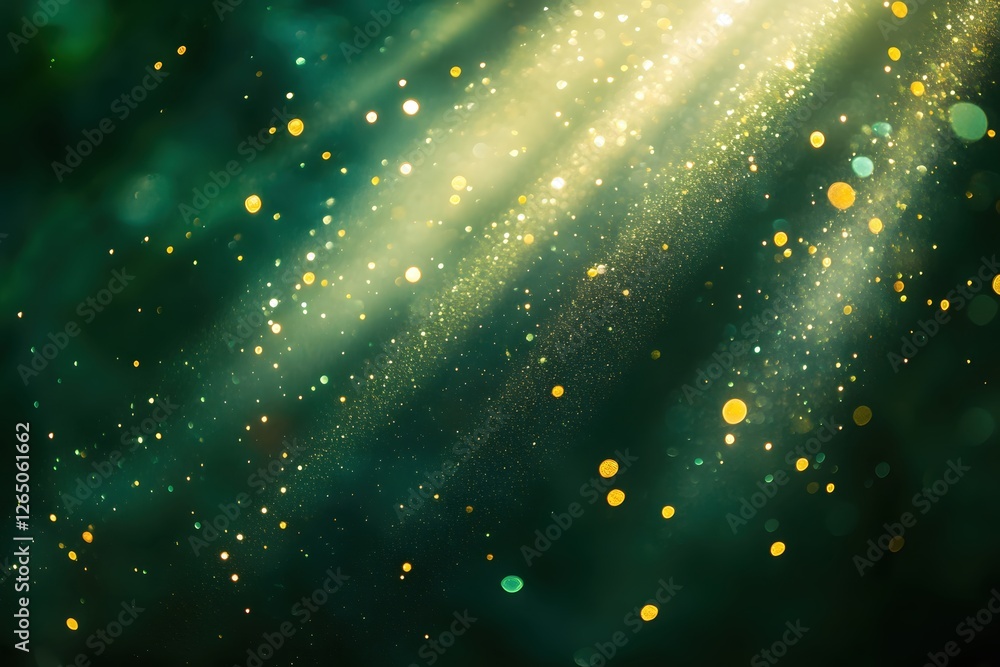 Poster abstract green and gold bokeh background with sparkling light rays for festive design