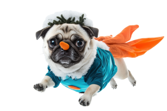 A playful pug in a colorful costume, flying with a joyful expression against a white background. transparent PNG
