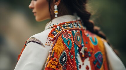 Obraz premium A richly decorated traditional garment showcases intricate embroidery and beadwork, set against a lush, natural background.