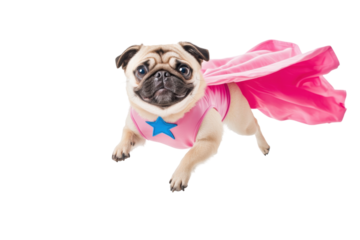 A superhero pug in a pink cape with a star, flying against a white isolated background. transparent PNG