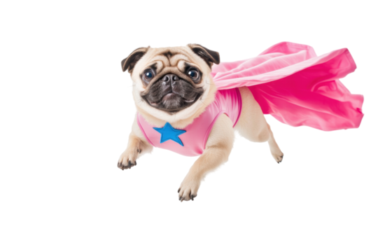 A superhero pug in a pink cape with a star, flying against a white isolated background. transparent PNG
