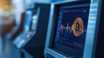 Bitcoin and ECG Wave Theme, Bitcoin ATM with ECG line displayed on screen, showcasing cryptocurrency trends