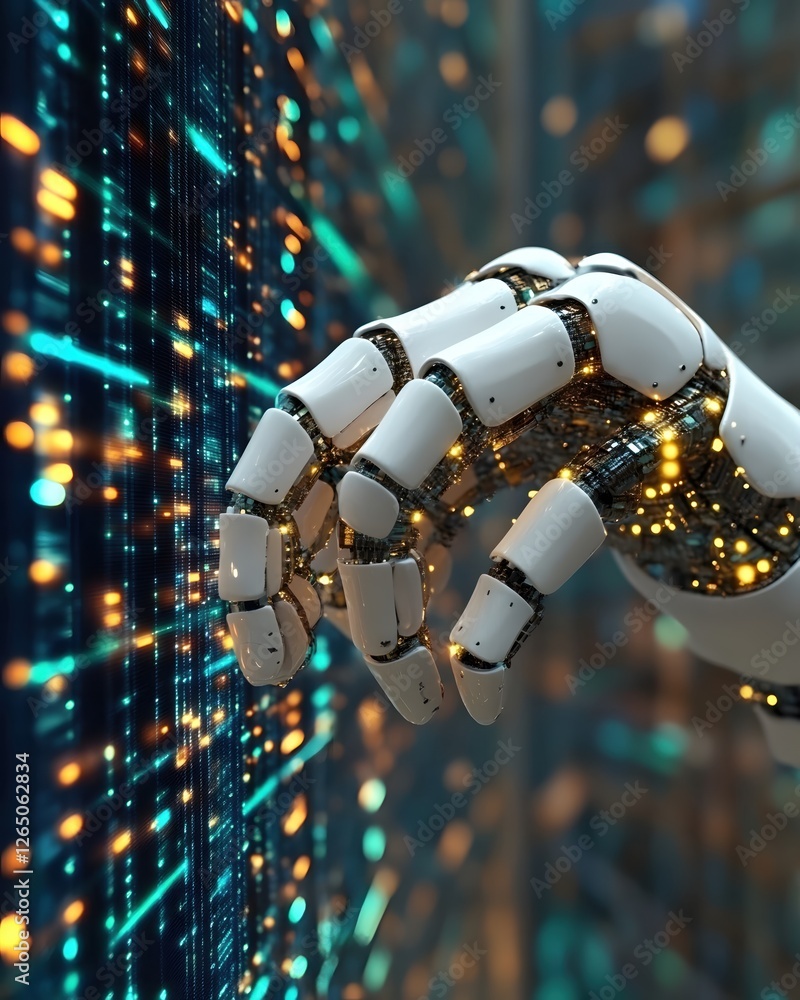 Poster robotic hand interacting with digital data stream futuristic technology and innovation