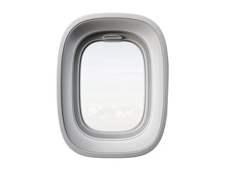 Obraz premium Airplane window view with soft clouds against a light blue sky, ideal for travel and aviation themes. transparent PNG