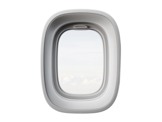 Airplane window view with soft clouds against a light blue sky, ideal for travel and aviation themes. transparent PNG