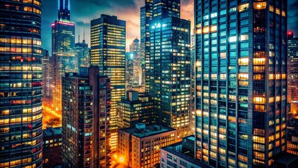 Night Cityscape with Film Grain Texture - Urban Night Photography Stock Photo