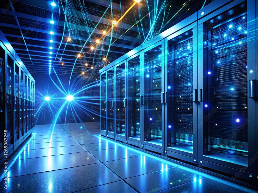 Aufkleber night data transfer: illuminated server room with streaming data