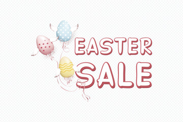 Easter Sale Vector illustration, Easter Sale inscription with flying winged Easter eggs attached to the inscription on transparent background